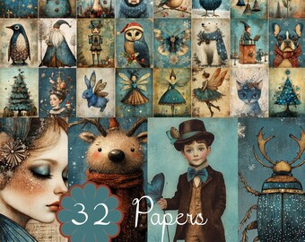 Christmas Fantasy Blue and Brown 32 Festive Images + 12 Pages Holiday Animals Whimsical Digital Clipart CU Junk Journals