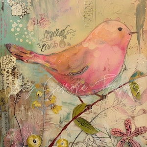 May include: A pink bird with a long beak perched on a branch with green leaves. The background is a collage of textures and colors, including a light blue sky, white clouds, and a gold leaf design. The text "spread love" is written in cursive on the background.