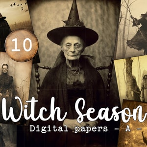 May include: A collage of 10 digital papers featuring vintage images of witches in various poses. The papers are ideal for scrapbooking, card making, and other crafting projects. The text "Witch Season" and "Digital Papers - A" is included in the collage.