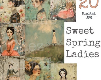 Puede incluir: Un collage digital de 20 imágenes con ilustraciones de mujeres en diferentes entornos primaverales. Las imágenes son de estilo vintage con colores suaves y detalles delicados. El texto "Sweet Spring Ladies" se muestra en la parte inferior del collage.
