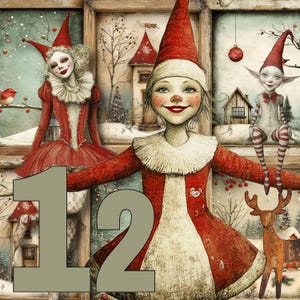 12 Images Digitales de Noël  Elfes PNG et Décors Vintage  Idéal pour Scrapbooking Journaux Créatifs et Projets Artistiques