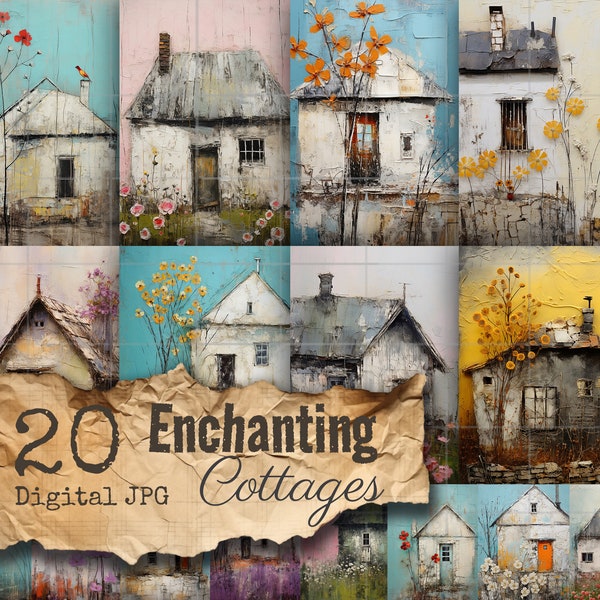 20 Enchanting Romantic Cottage Illustrations, Shabby Chic Pages, Dreamy Scrapbooking, Charming Journaling, commercial use, Download