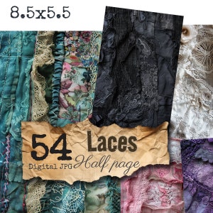 Peut inclure: Image numérique JPG présentant un collage de 54 motifs de dentelle variés. Les couleurs incluent le teal, le noir, le rose et le violet. Le texte "54 Laces Half page Digital JPG" est affiché sur une bannière en papier déchiré. Dimensions : 8,5 x 5,5 pouces (environ 21,6 x 14 cm).