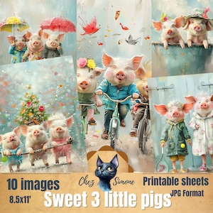 10 Images JPG joyeux trois petits cochons Excentriques téléchargement immédiat pour journal scrapbooking commercial use