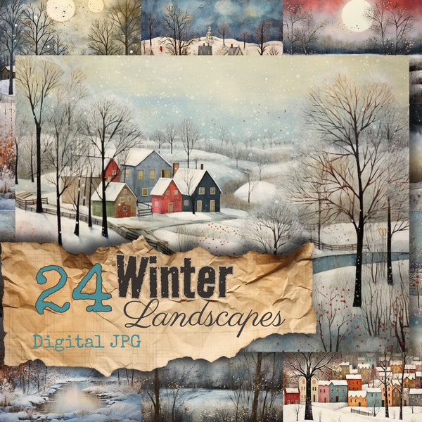 Whimsical Winter Landscapes Junk Journal 24 JPG Papers Enchanting Snow Fantasy Instant Download Commercial Use Trees Printable papers