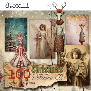Peut inclure: Un collage numérique de 100 images de Noël, mettant en scène une variété de personnages et de scènes fantastiques. Les images sont de style vintage et comprennent des anges, des cerfs et une fille vêtue d'une tenue rouge et blanche à rayures. Le texte "Christmas Volume B" est visible au centre de l'image.