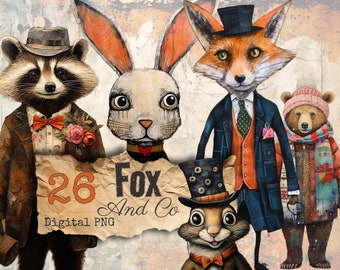 Whimsical Fox and Co Cliparts 26 png Racoon Bear squirrel owl scrapbooking art digital commercial use printable sheets