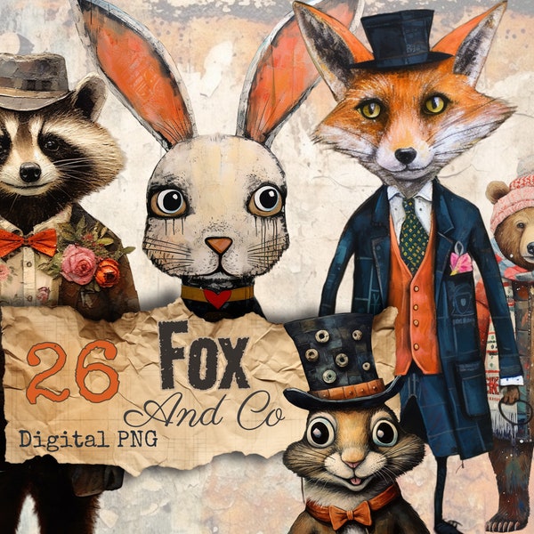 Whimsical Fox and Co Cliparts 26 png Racoon Bear squirrel owl scrapbooking art digital commercial use printable sheets