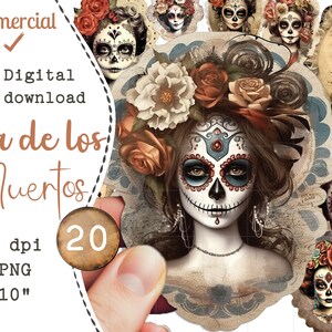 May include: Digital download featuring Dia de los Muertos illustrations. The images showcase women with sugar skull makeup, adorned with flowers and intricate designs. The text includes "Commercial Use", "Digital download", "300 dpi", "20 PNG", and "10x10".