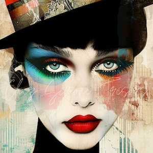 Collection de 10 images illustrant des femmes excentriques avec chapeau rouge et noir téléchargement immédiat commerical use junk journal