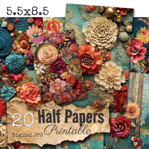 20 flower embroidery on fabrics ornate floral printable half papers junk journal commercial use