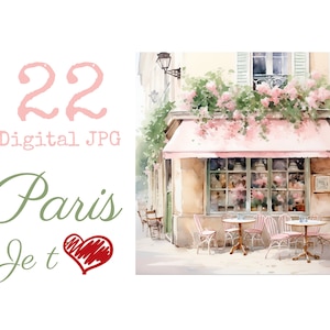 Paris Je t'Aime Cliparts Romantique rose et vert léger JPG Watercolor aquarelle Monuments scrapbooking junk journal commercial use