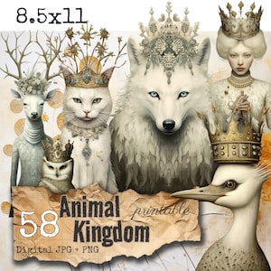 58 Animal Kingdom queens and kings of enchanted forest PNG elements golden and silver papers scrapbooking art digital CU printable sheets