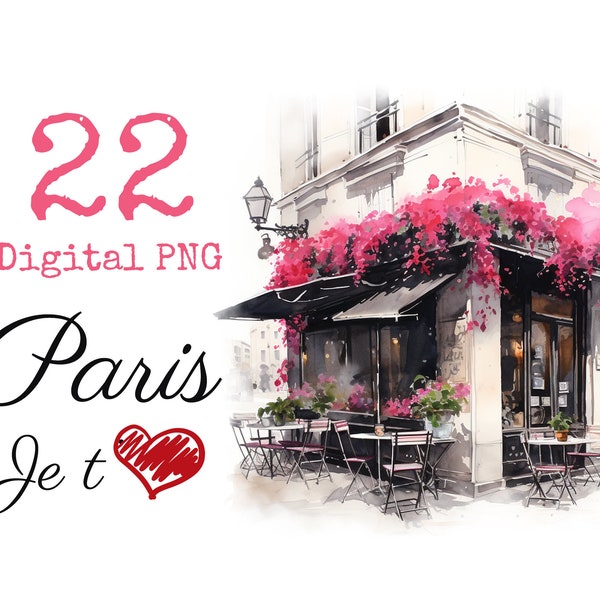 Paris Je t'Aime Cliparts Romantic Fuchsia and Black PNG Watercolor aquarelle Monuments scrapbooking junk journal commercial use