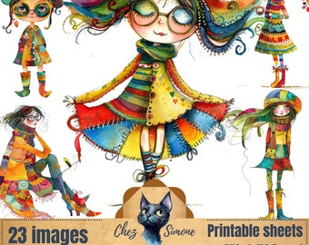 23 clipart Hippy lovely doll PNG transparent fussy cut commercial use digital download