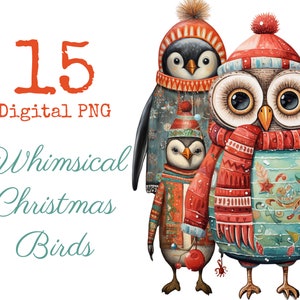 Whimsical Christmas Brids Owl Penguin Cliparts PNG scrapbooking art digital commercial use printable sheets