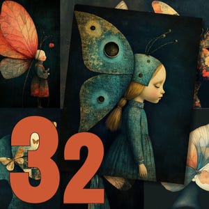 Raccolta di 32 illustrazioni digitali di giovani fate-farfalle vintage stampabili in 3 dimensioni, progetti creativi di diario spazzatura