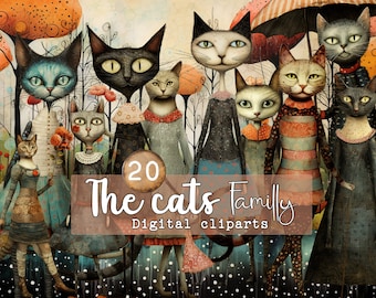 Cat Paper Doll, whimsical antropormorphic clipart, printable kit junk journal cut off, fussy cut cat doll digital, commercial use Volume 1