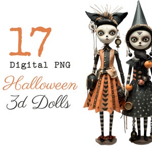 Halloween 3D Dolls 17 elements PNG Creepy spooky season Junk Journal Scrapbooking art DIY Haunting Halloween commercial use DIGITAL only