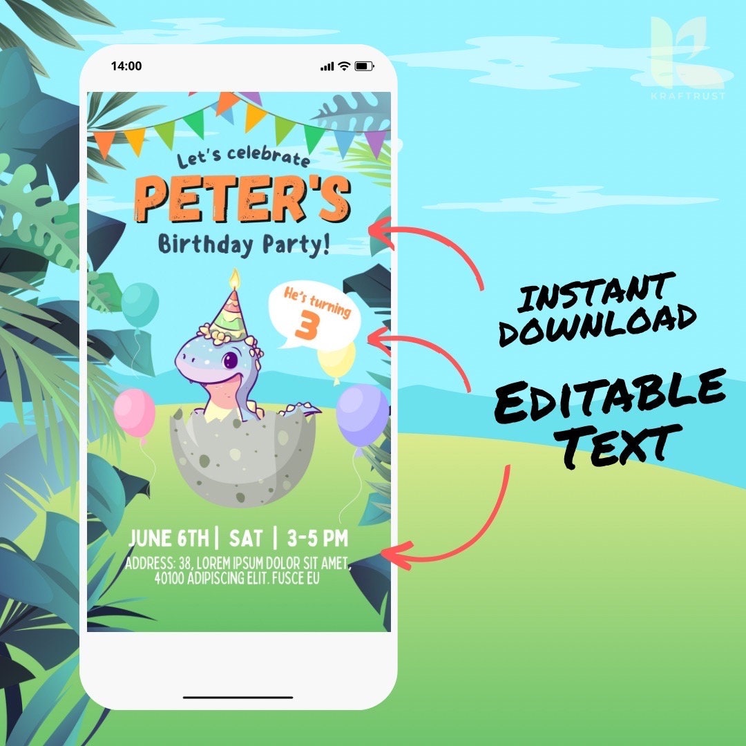 Dino Theme Birthday Party Invitation Video Ecard Template Editable Text