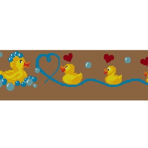 May include: A row of four yellow rubber ducks with red hearts above them. The duckies are in a blue wave with bubbles around them. The largest duckie has a blue shower cap on its head.