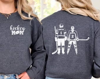 Custom 2 Player Sibling Hockey Mom Sweatshirt Boy Girl Hockey Pullover Game Day Apparel Hockey Mom Gift Hockey Mama Personalized Name Number
