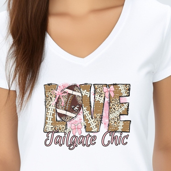Tailgate Chic V-Neck Tee Love Football Coquette Shirt for Ladies Football V-Neck Pink Bow Football Gift Lover Shirt Football Mom Tee