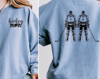 Custom 2-Player Boys Hockey Mom Comfort Colors Sweatshirt Hockey Pullover Game Day Apparel Hockey Mom Gift Hockey Mama 2 Sons