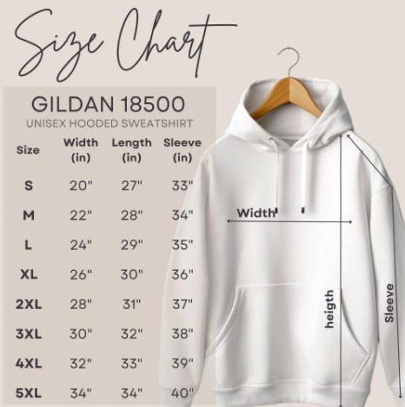 Op de afbeelding: Een witte unisex hoodie hangt aan een hanger. De afbeelding bevat een maattabel voor het Gildan 18500 model, met afmetingen in inches voor breedte, lengte en mouwlengte, van maat S tot 5XL.