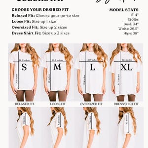 Puede incluir: Tabla de tallas para una camiseta con diferentes opciones de ajuste: Relajado, Suelto, Exagerado y Camiseta de Vestir. La tabla muestra las medidas en pulgadas para cada talla: S, M, L y XL. Las medidas del modelo tambi&eacute;n se incluyen: 5'4", 120lbs, Busto: 34", Cintura: 26.5", Caderas: 38".