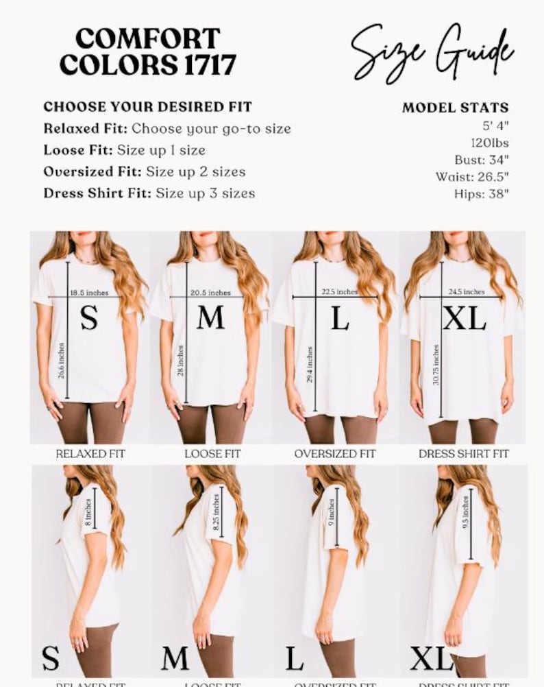 Puede incluir: Tabla de tallas para una camiseta con diferentes opciones de ajuste: Relajado, Suelto, Exagerado y Camiseta de Vestir. La tabla muestra las medidas en pulgadas para cada talla: S, M, L y XL. Las medidas del modelo tambi&eacute;n se incluyen: 5'4", 120lbs, Busto: 34", Cintura: 26.5", Caderas: 38".