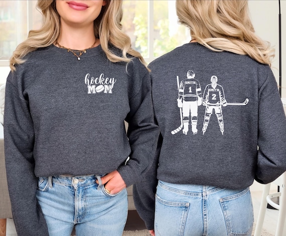 Custom 2 Player Sibling Hockey Mom Sweatshirt Boy Girl Hockey Pullover Game Day Apparel Hockey Mom Gift Hockey Mama Personalized Name Number