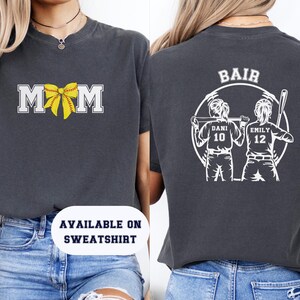 Custom Softball Mom Shirt 2-Player Comfort Colors Coquette Softball T-Shirt Gift for Softball Mama Bow Mom Tee Softball Daughters Shirt