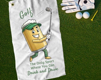 Golfing Beer Can Towel, Funny Towel for Golfer, Gift for Golf Lover, Golf Accessory for Men and Women, Unique Golfing Towel