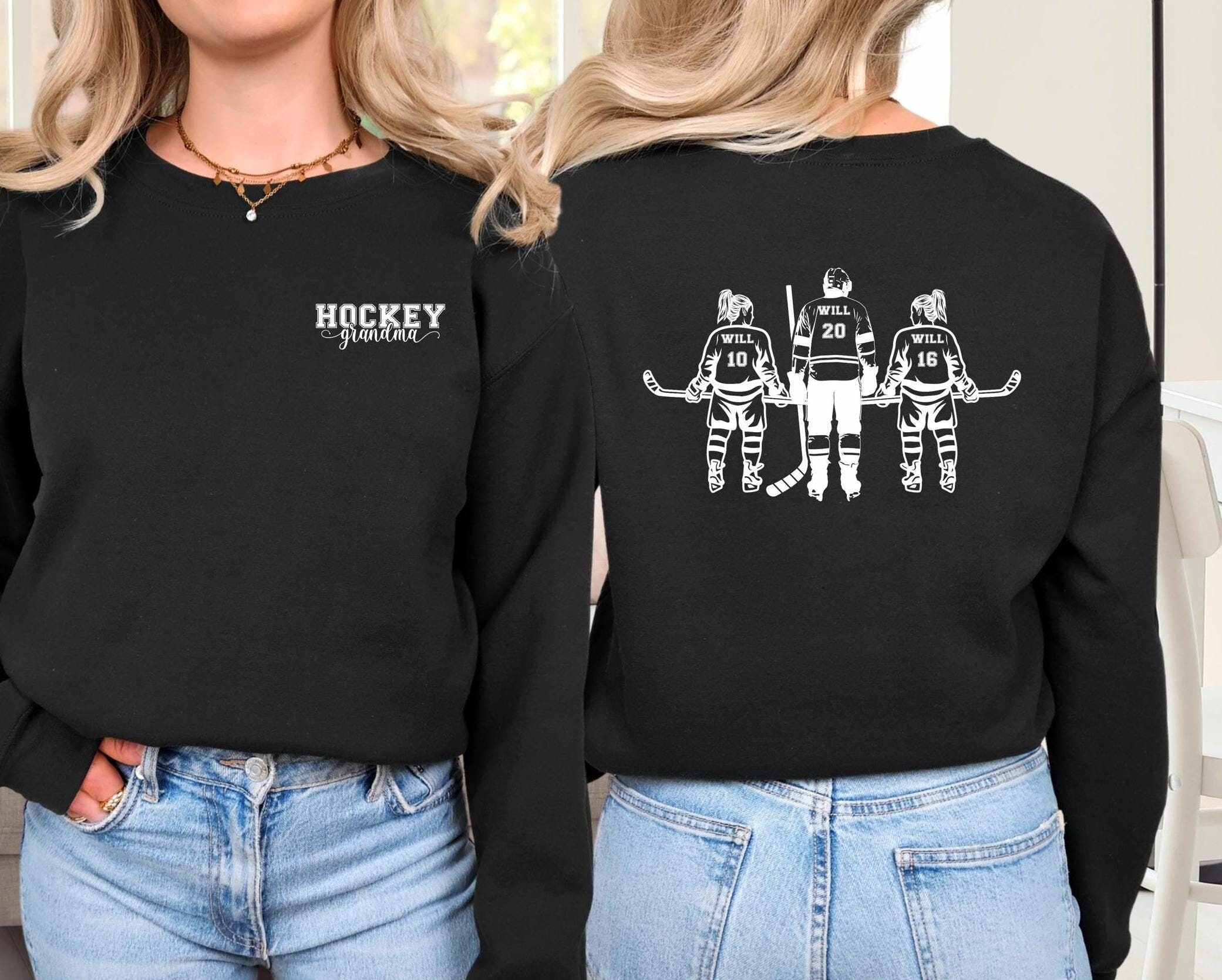Custom 3-Player Sibling Hockey Grandma Sweatshirt Hockey Pullover Game Day Apparel Hockey Mom Gift Hockey Gigi Nana Brother Sister Athletes
