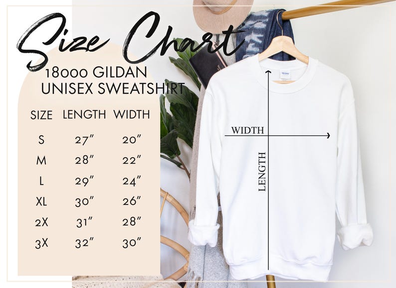 May include: Size chart for a unisex Gildan sweatshirt. The chart shows the length and width in inches for sizes S, M, L, XL, 2X, and 3X.