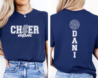 Maglietta personalizzata per mamma cheerleader, stampata sul davanti e sul retro, maglietta con il suo nome, maglietta per il giorno della partita, maglietta per mamma cheerleader, regalo per mamma cheerleader