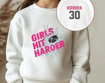 Sudadera de hockey sobre hielo para niñas, Sudadera "Girls Hit Harder", Nombre y número personalizados, Regalo personalizado para jugadoras de hockey, Ropa de hockey