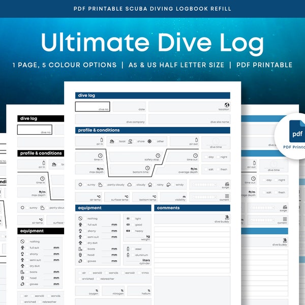 Scuba Diving Log Book Refill Sheet Instant Digital Download for Adventure Divers Dive Log Templates Records and Journals for Scuba Divers