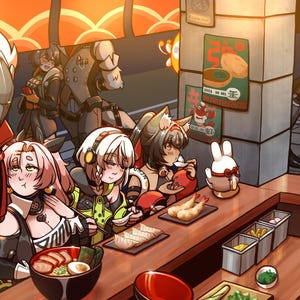 May include: A group of anime characters are sitting at a table in a restaurant. They are eating various Japanese dishes, including ramen, tempura, and sushi. The restaurant has a red and yellow color scheme and is decorated with Japanese lanterns.
