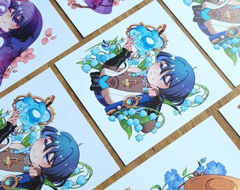 Spring Scaramouche Seelie Prints - Wanderer Balladeer Kuronushi Kabukimono | Kawaii Chibi Genshin Impact