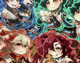 Genshin Impact Stickers: Anemo Boys Chibi Foodies - Heizou, Kazuha, Xiao, Scaramouche (3" Vinyl Matte)