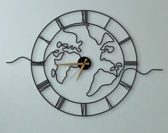World Map Design Metal Wall Clock, Black Large Wall Clock, Office Wall Clock, Wanduhr, Horloge Murale, New Home Gift, Unique Gift Idea