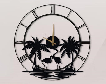 Tropical Flamingo Metal Wall Clock, Palm Tree Home Decor, Unique Sun and Sea Design Wall Clock, Metal Wall Clock, Christmas gift, Home Gift