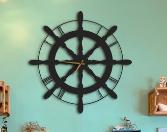 Ship Rudder Wall Clock, Black Modern Nautical Wall Clock, Ship Steering Wheel Clock, Maritime Wall Clock, Clock Wall Decor, Metal Wall Clock