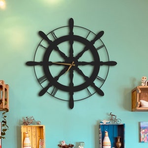 Ship Rudder Wall Clock, Black Modern Nautical Wall Clock, Ship Steering Wheel Clock, Maritime Wall Clock, Clock Wall Decor, Metal Wall Clock