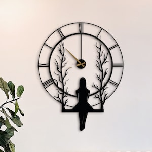 Elegant Metal Wall Clock with Swinging Girl Silhouette, Unique Home Decor, Modern Design Home Decor, Chic Metal Wall Clock for Modern Home