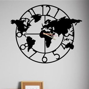 Weltkarte Wanduhr aus Metall, Schwarze Weltkartenuhr, Einzigartiges Wohndekor, Weltkartenkunst, Geschenk zur Wohnungserwärmung, Weltkartendesign, Wanduhr, Uhren