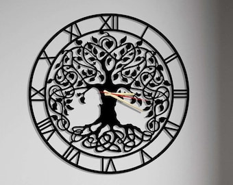 Horloge murale arbre de vie, horloge murale arbre de vie noir unique, grand art métallique moderne silencieux pour cadeau de pendaison de crémaillère, Horloge Murale
