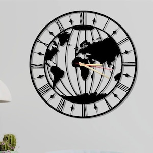 Metal World Map Clock, Metal Wall Decor, Metal Wall Clock, Home Office, World Map Metal Wall Clock, Living Room Wall Art, Housewarming Gift